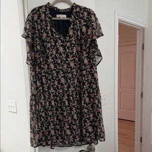 LOFT Black and Pink Floral Midi Dress